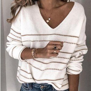 Casual Striped V-neck Knit Sweater
